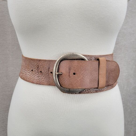 Sam Brown Wide Asymmetrical Tan Leather Belt Oversized Silver Buckle Boho - Picture 2 of 14